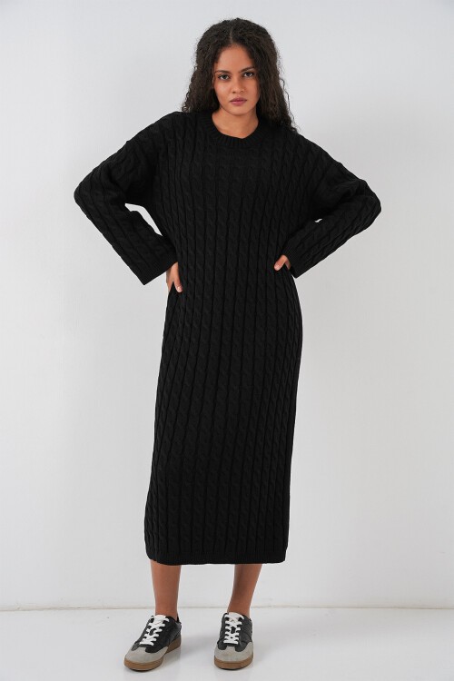 Kadın Örgülü Uzun Tiko Elbise 15944 - Siyah