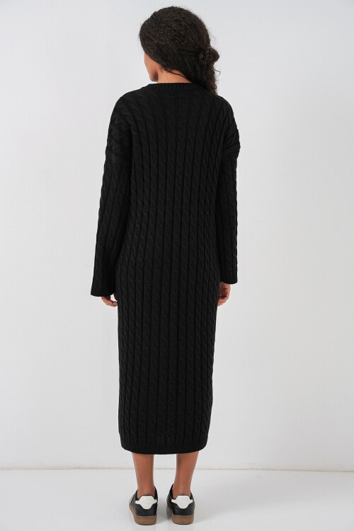 Kadın Örgülü Uzun Tiko Elbise 15944 - Siyah