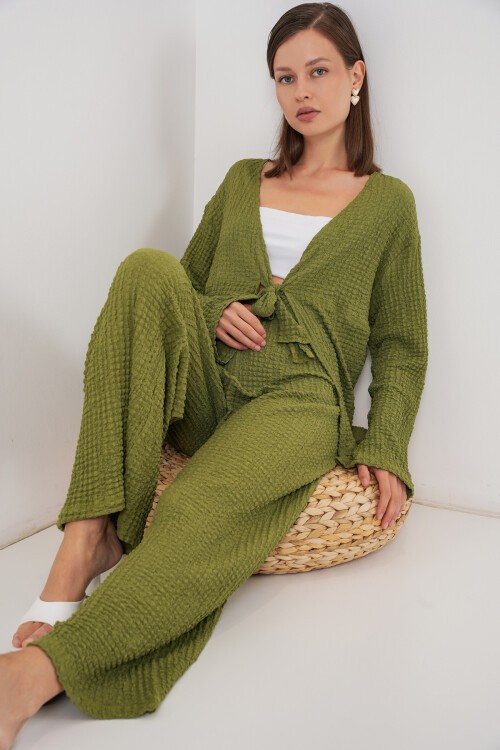 Kadın Örme Bluz Pantolon İkili Takım 30052 - E.Yeşil