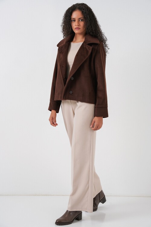 Kadın Oversize Astarlı Kısa Kaşe Ceket 0726 - Kahverengi