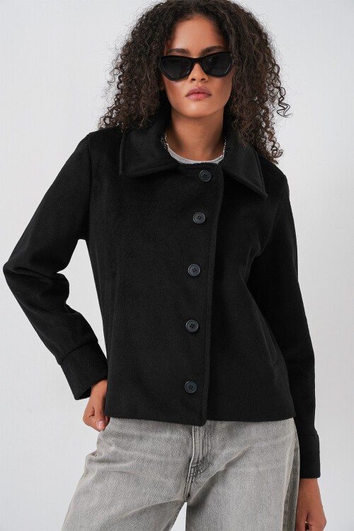Kadın Oversize Astarlı Kısa Kaşe Ceket 0726 - Siyah