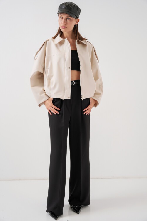 Kadın Oversize Deri Ceket 1055 - Ekru