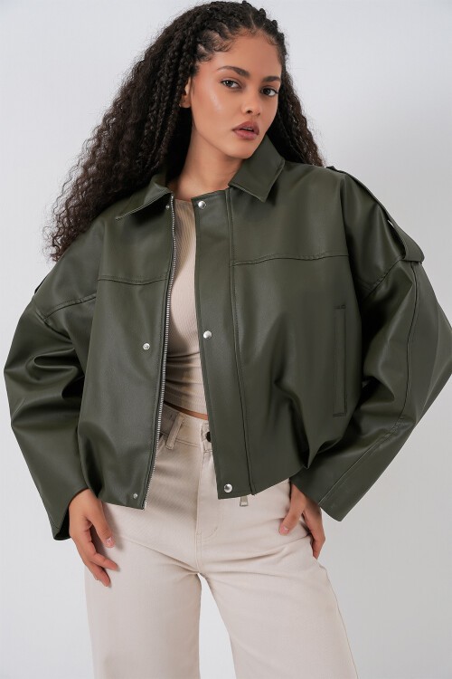 Kadın Oversize Deri Ceket 1055 - Haki