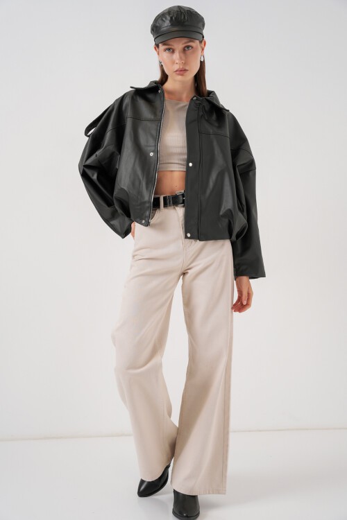 Kadın Oversize Deri Ceket 1055 - Siyah