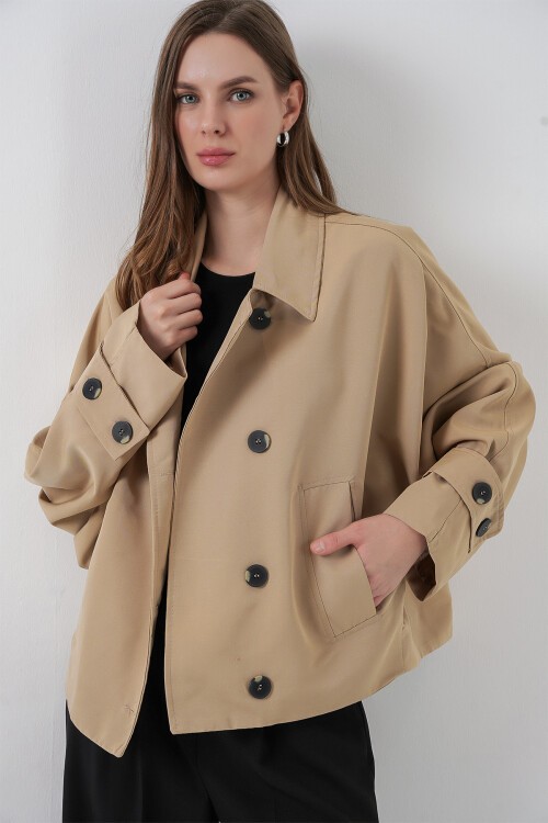 Kadın Oversize Kısa Trençkot 5977 - Bej