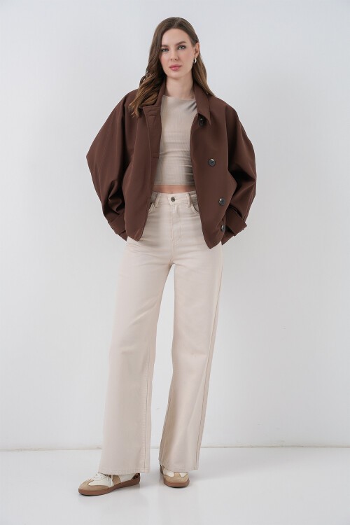 Kadın Oversize Kısa Trençkot 5977 - Kahverengi