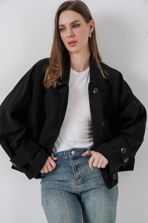 Kadın Oversize Kısa Trençkot 5977 - Siyah