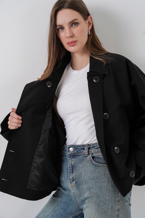 Kadın Oversize Kısa Trençkot 5977 - Siyah
