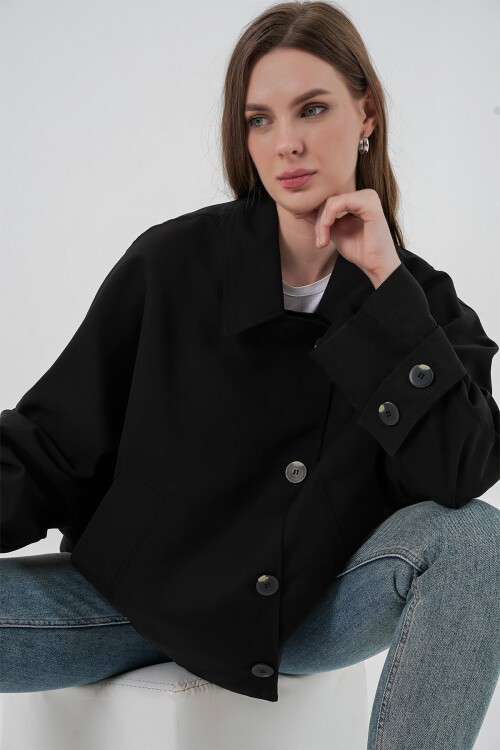 Kadın Oversize Kısa Trençkot 5977 - Siyah