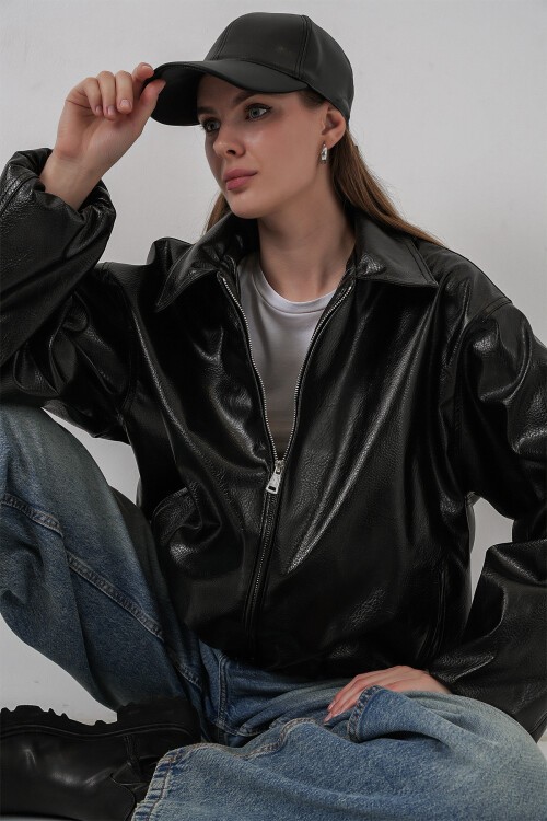Kadın Oversize Suni Deri Ceket 1049 - Siyah