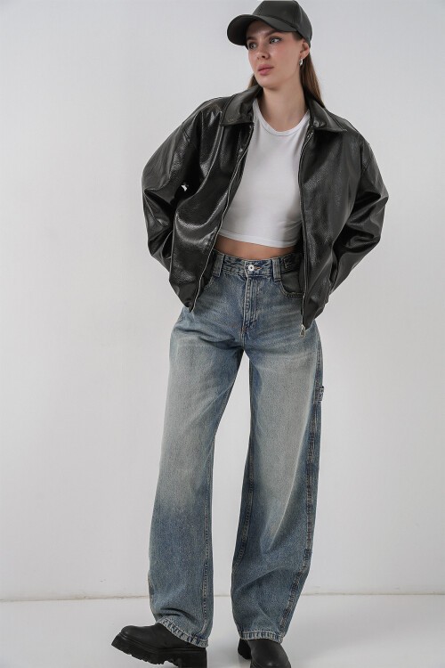 Kadın Oversize Suni Deri Ceket 1049 - Siyah