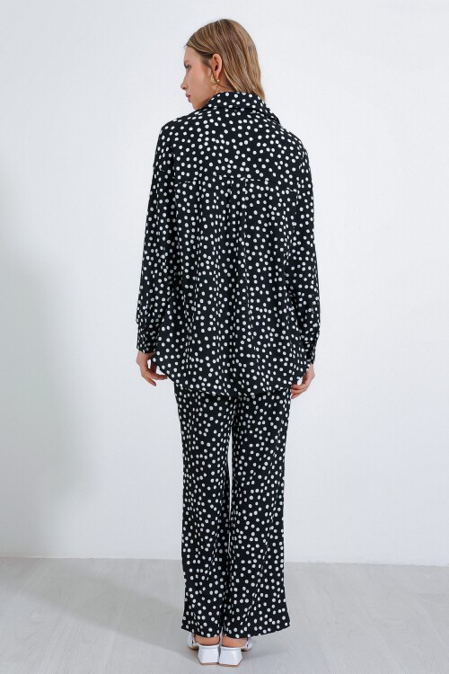 Kadın Puantiyeli Siyah Ekru Örme İkili Takım 5858