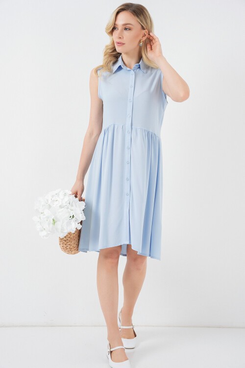 Kadın Sıfır Kol Midi Elbise 2563 - Mavi