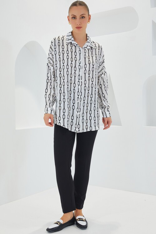 Kadın Siyah Beyaz Desenli Oversize Saten Gömlek 3985