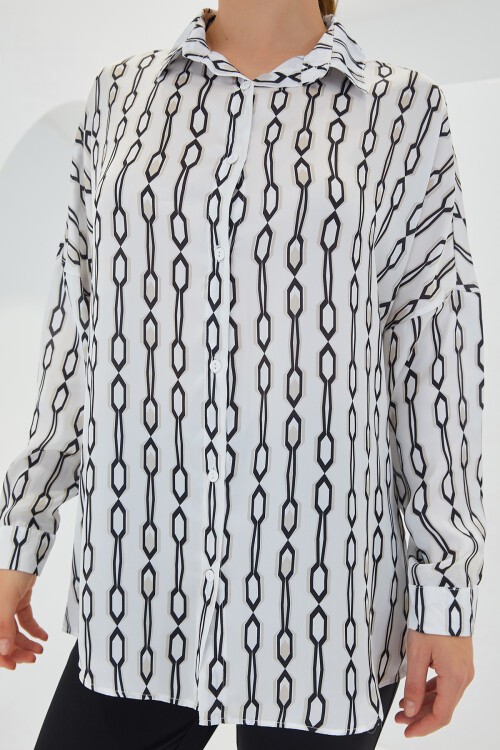 Kadın Siyah Beyaz Desenli Oversize Saten Gömlek 3985