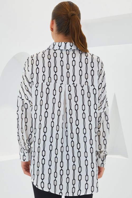 Kadın Siyah Beyaz Desenli Oversize Saten Gömlek 3985
