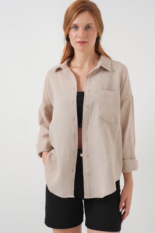 Kadın Tek Cepli Oversize Müslin Gömlek 20353 - Bej