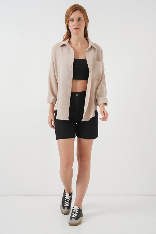 Kadın Tek Cepli Oversize Müslin Gömlek 20353 - Bej