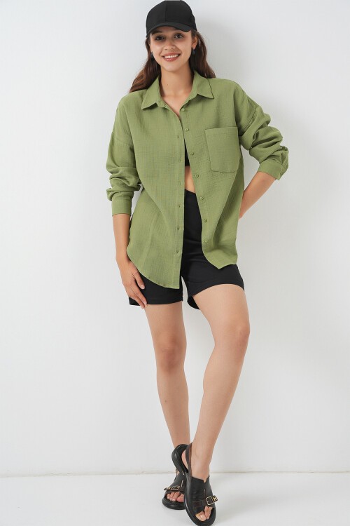Kadın Tek Cepli Oversize Müslin Gömlek 20353 - Çağla