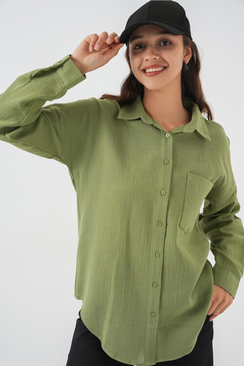 Kadın Tek Cepli Oversize Müslin Gömlek 20353 - Çağla