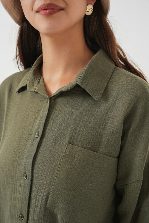 Kadın Tek Cepli Oversize Müslin Gömlek 20353 - Haki