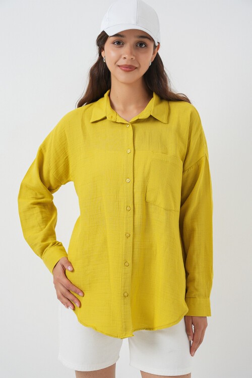 Kadın Tek Cepli Oversize Müslin Gömlek 20353 - Hardal