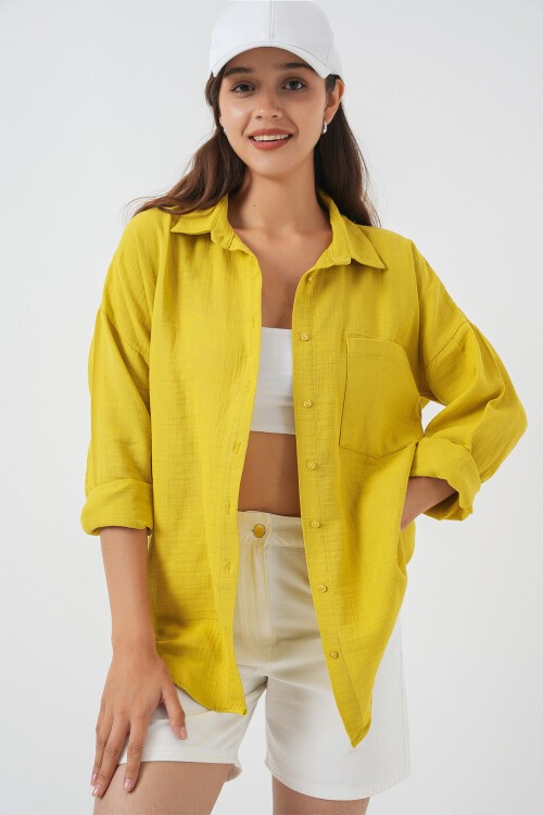 Kadın Tek Cepli Oversize Müslin Gömlek 20353 - Hardal