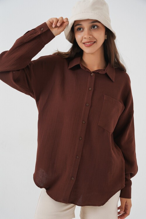 Kadın Tek Cepli Oversize Müslin Gömlek 20353 - Kahverengi