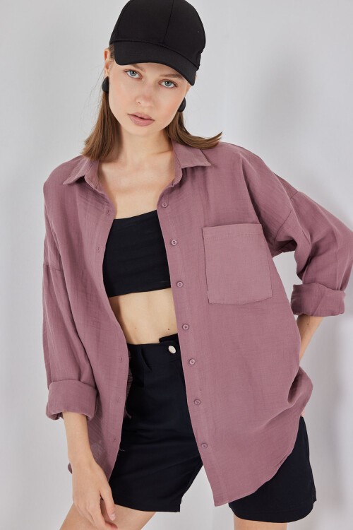 Kadın Tek Cepli Oversize Müslin Gömlek 20353 - Koyu Lila