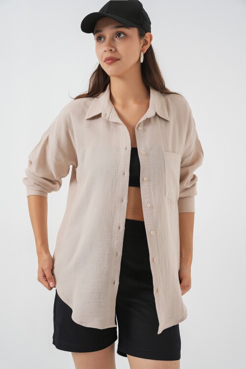 Kadın Tek Cepli Oversize Müslin Gömlek 20353 - Taş