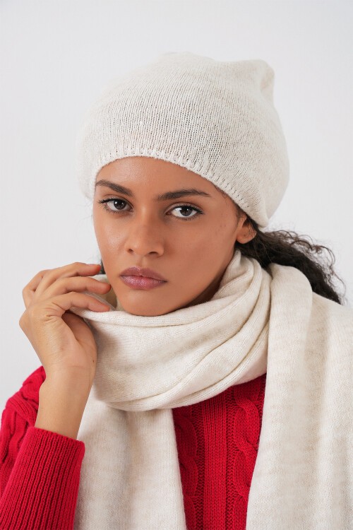 Kadın Triko Atkı Bere 15939 - Ekru