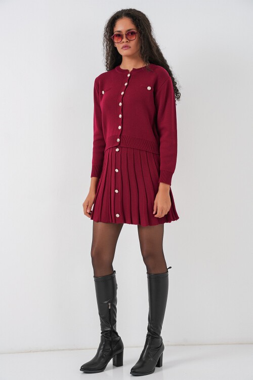 Kadın Triko Hırka Etek İkili Takım 15942 - Bordo