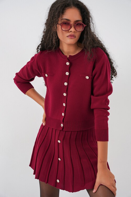 Kadın Triko Hırka Etek İkili Takım 15942 - Bordo