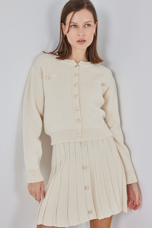 Kadın Triko Hırka Etek İkili Takım 15942 - Krem