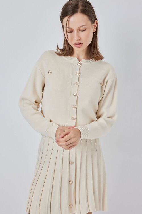 Kadın Triko Hırka Etek İkili Takım 15942 - Krem