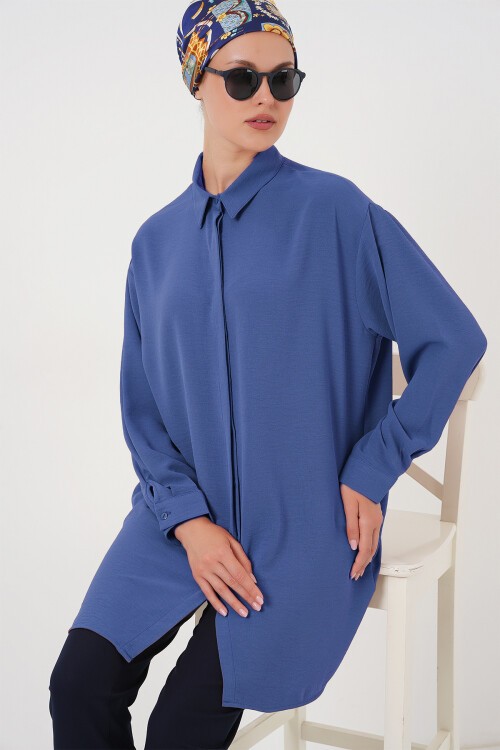 Kadın Uzun Gömlek Tunik 5945 - D. İndigo