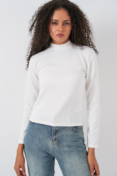 Kadın Uzun Kollu Fitilli Body 976 - Beyaz