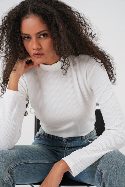 Kadın Uzun Kollu Fitilli Body 976 - Beyaz