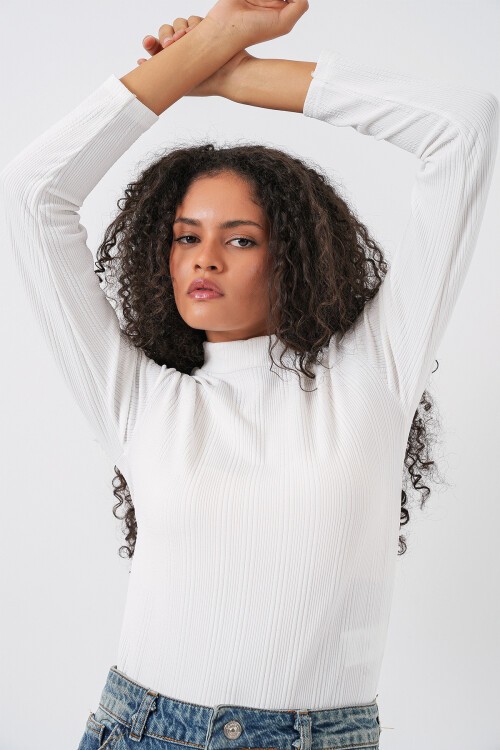 Kadın Uzun Kollu Fitilli Body 976 - Beyaz