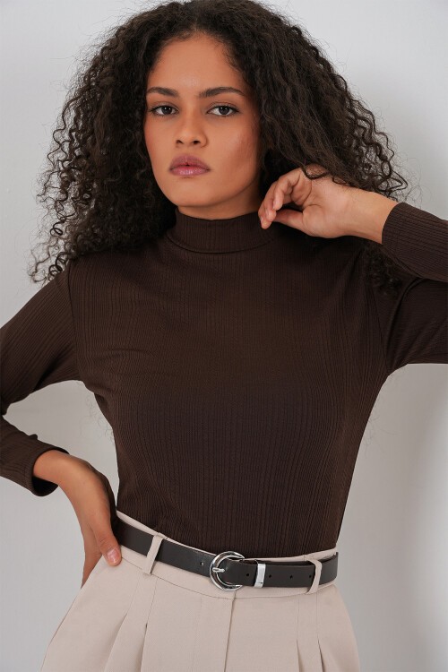 Kadın Uzun Kollu Fitilli Body 976 - Kahverengi