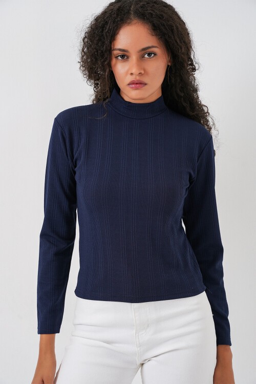 Kadın Uzun Kollu Fitilli Body 976 - Lacivert