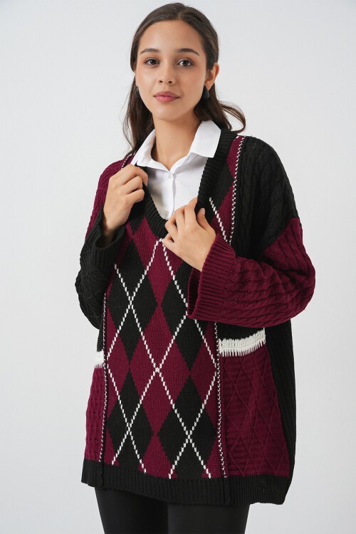 Kadın V Yaka Desenli Triko Kazak 15933 - Bordo