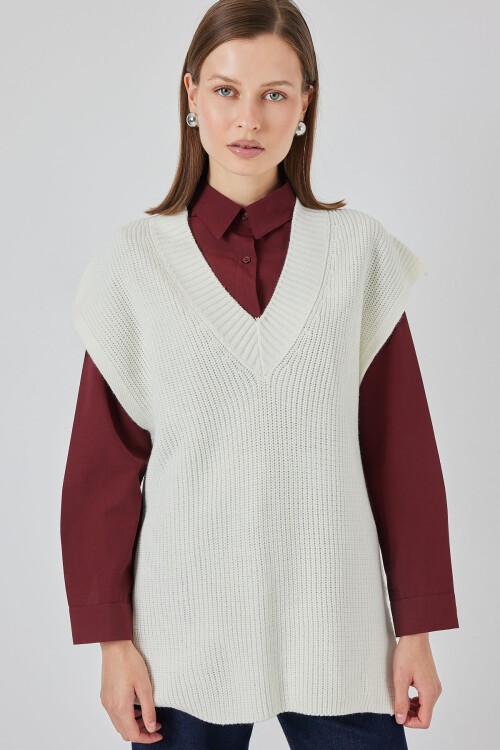 Kadın V Yaka Triko Süveter 15925 - Beyaz