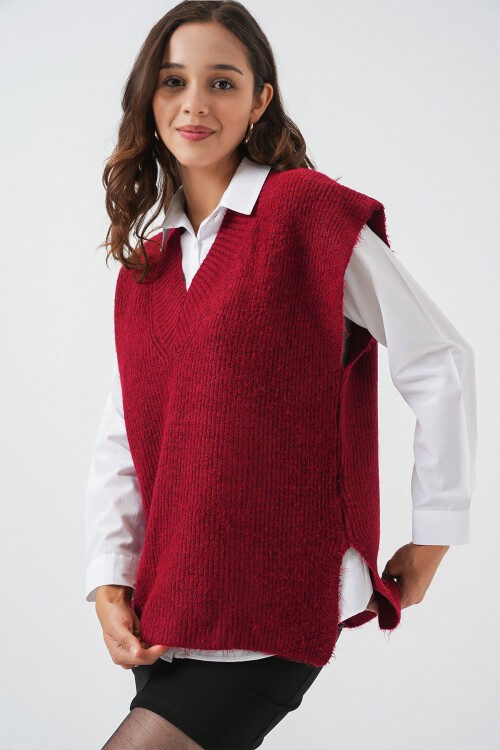 Kadın V Yaka Triko Süveter 15925 - Bordo