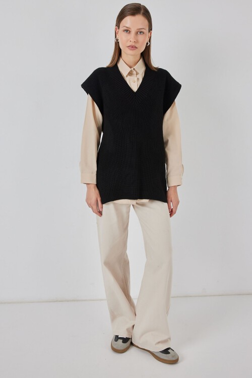 Kadın V Yaka Triko Süveter 15925 - Siyah