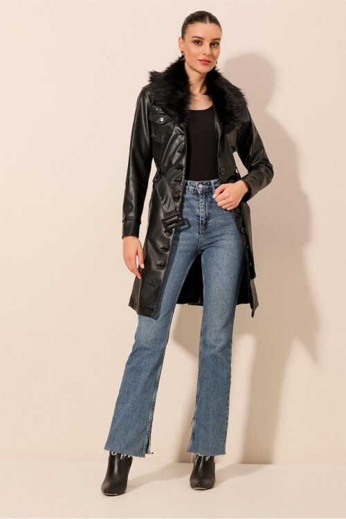 Kadın Yakası Kürklü Deri Kaban 1048 - Siyah