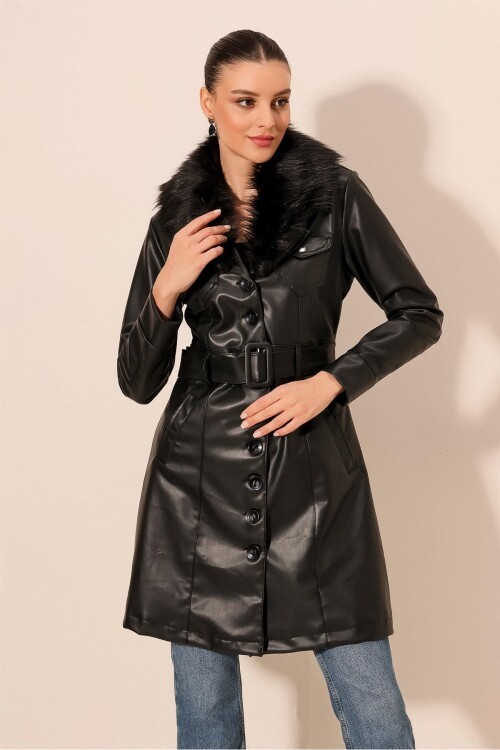 Kadın Yakası Kürklü Deri Kaban 1048 - Siyah
