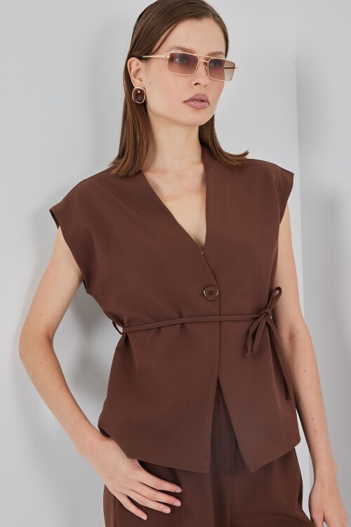 Kadın Yelek Pantolon Kumaş Takım 30050 - Kahverengi