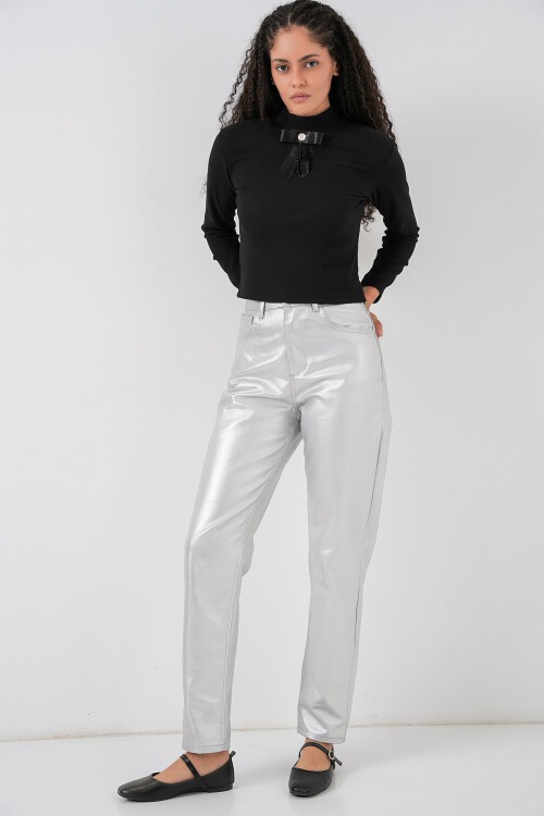 Kadın Yüksek Bel Parlak Pantolon 6738 - Gümüş