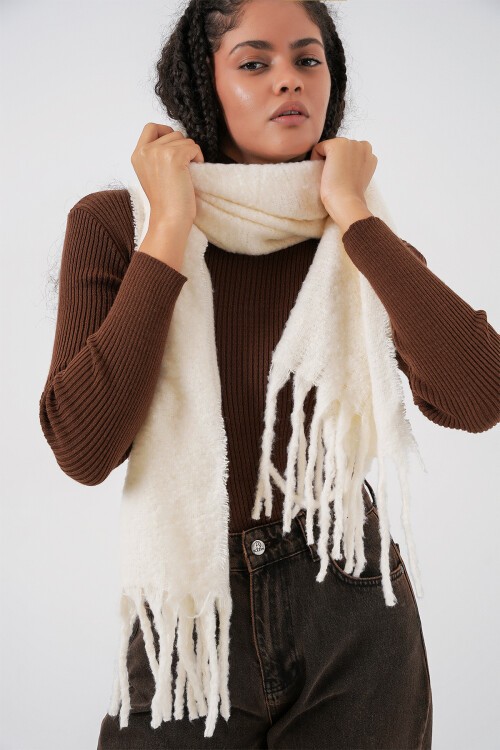 Kadın Yumuşak Dokulu Kalın Şal Atkı 15951 - Ekru